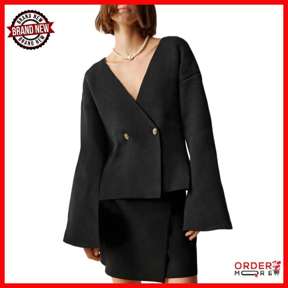 V-Neck Cardigan Long Bell Sleeves Button Down Open Front Loose Knit Sweater